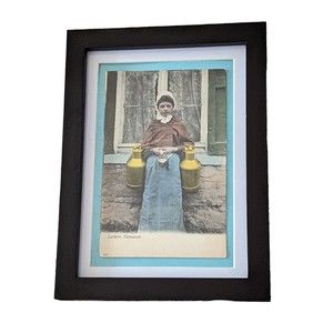 Small Art Flemish Milkmaid Vintage Post Card Framed Matted Bonnet 1920's Cans